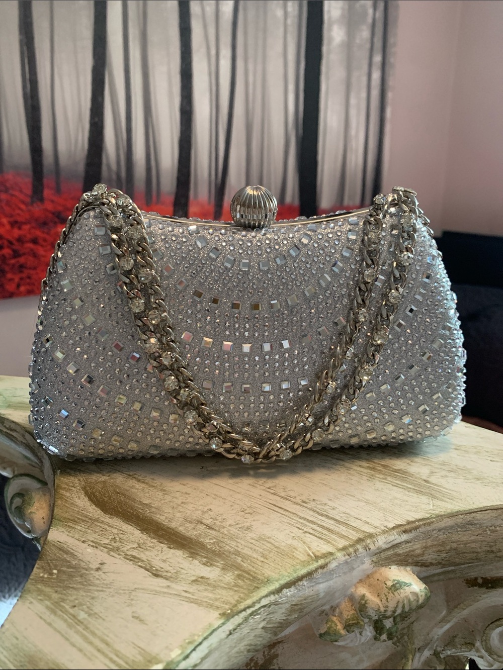 Silver Crystal Evening Clutch Bag with Chain Strap